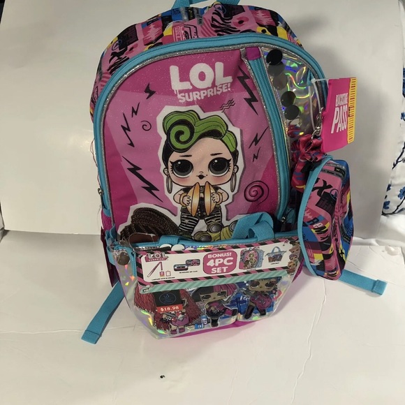 L.O.L. Surprise! Other - New L.O.L. Surprise! Remix 4pc. Pink Backpack 17” Lunch bag Lanyard Zip Case NWT
